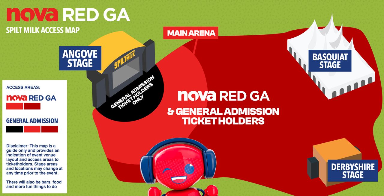 Nova Red GA promo featuring Spilt Milk festival stage with Lewis Capaldi, Raye, and Baby Keem.